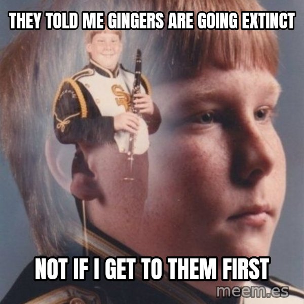 PTSD Clarinet Boy meme: They told me gingers are going extinct / not if i get to them first