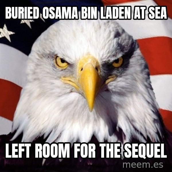 American Pride Eagle meme: buried osama bin laden at sea / left room for the sequel