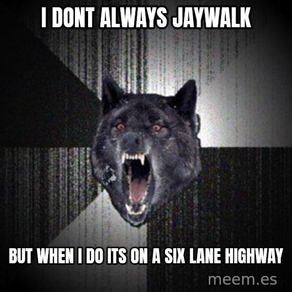 Insanity Wolf meme: I dont always jaywalk / but when i do its on a six lane highway