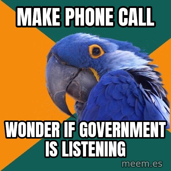 Paranoid Parrot meme: make phone call / wonder if government is listening