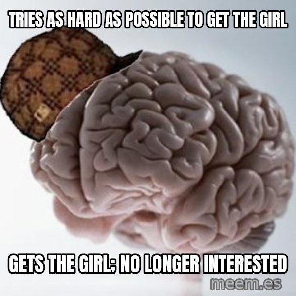 Scumbag Brain meme: Tries as hard as possible to get the girl / gets the girl; no longer interested