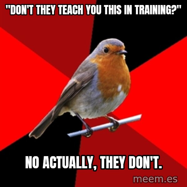 Retail Robin meme: "DON'T THEY TEACH YOU THIS IN TRAINING?" / nO ACTUALLY, THEY DON'T.