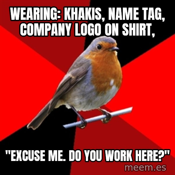 Retail Robin meme: WEaring: Khakis, Name tag, Company logo on shirt, / "Excuse me. Do you work here?"
