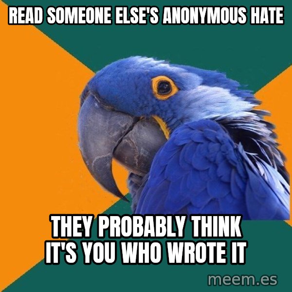Paranoid Parrot meme: Read someone else's anonymous hate / theY probably think it's you who wrote it