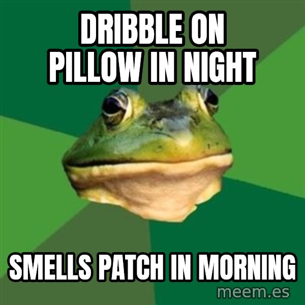 Foul Bachelor Frog meme: dribble on pillow in night / smells patch in morning