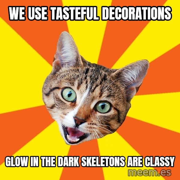 Bad Advice Cat meme: WE USE TASTEFUL DECORATIONS / GLOW IN THE DARK SKELETONS ARE CLASSY