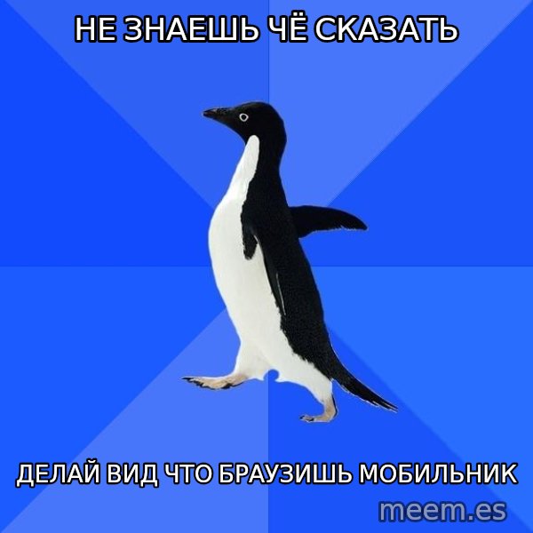 Socially Awkward Penguin meme: не знаешь чё сказать / делай вид что браузишь мобильник