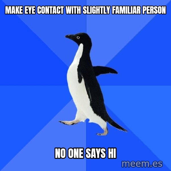 Socially Awkward Penguin meme: make eye contact with slightly familiar person / no one says hi