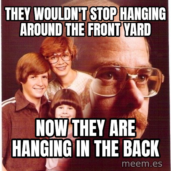 Vengeance Dad meme: They wouldn't stop hanging around the front yard / now they are hanging in the back