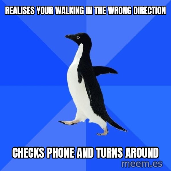 Socially Awkward Penguin meme: realises your walking in the wrong direction / checks phone and turns around