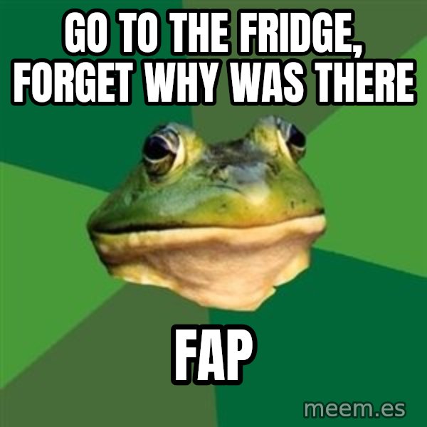 Foul Bachelor Frog meme: GO TO THE FRIDGE, FORGET WHY WAS THERE / FAP