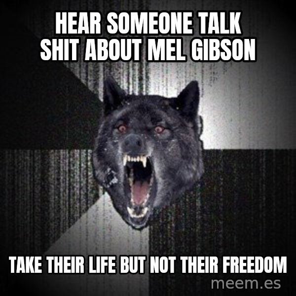 Insanity Wolf meme: Hear someone talk shit about mel gibson / take their life but not their freedom