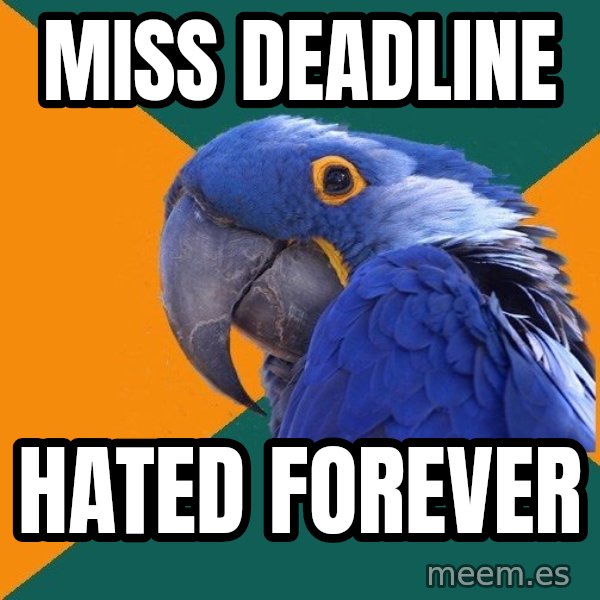 Paranoid Parrot meme: miss deadline / hated forever