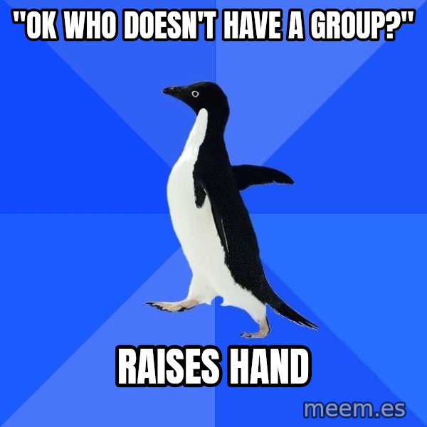 Socially Awkward Penguin meme: "ok who doesn't have a group?" / raises hand