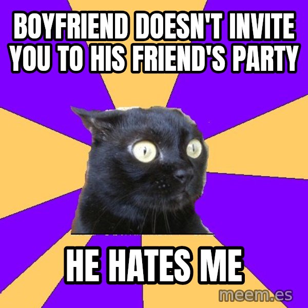Anxiety Cat meme: Boyfriend doesn't invite you to his friend's party / he hates me