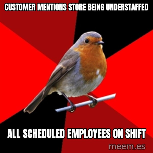 Retail Robin meme: Customer mentions store being understaffed / All scheduled employees on Shift