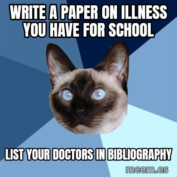 Chronic Illness Cat meme: write a paper on illness you have for school / list your doctors in bibliography