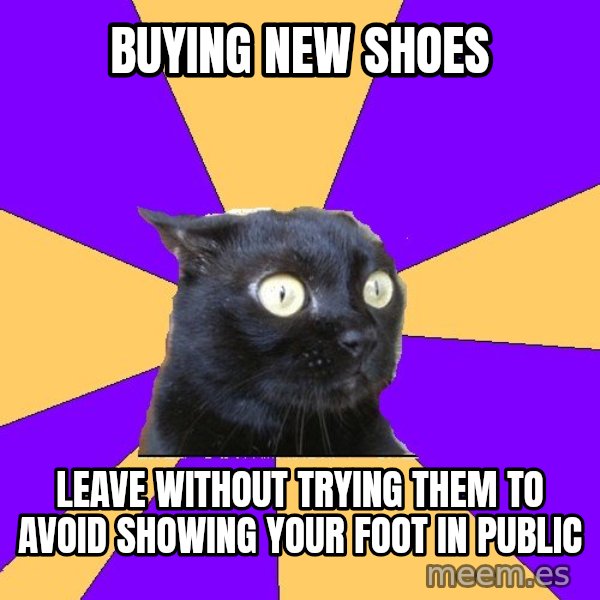 Anxiety Cat meme: buying new shoes / leave without trying them to avoid showing your foot in public
