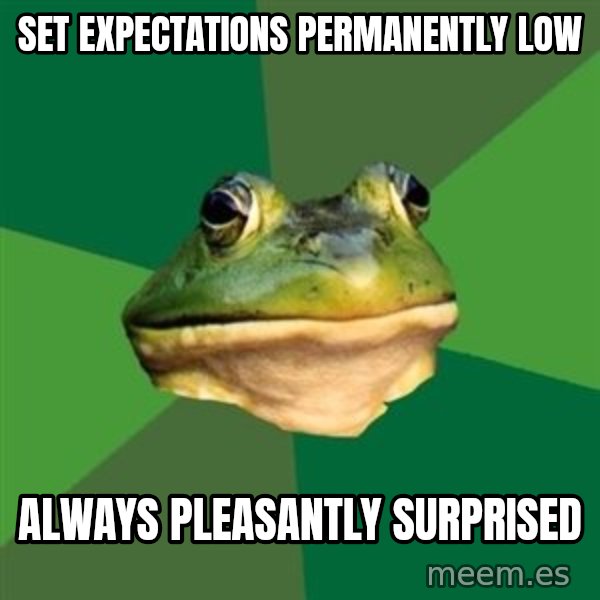 Foul Bachelor Frog meme: Set Expectations Permanently low / Always pleasantly surprised