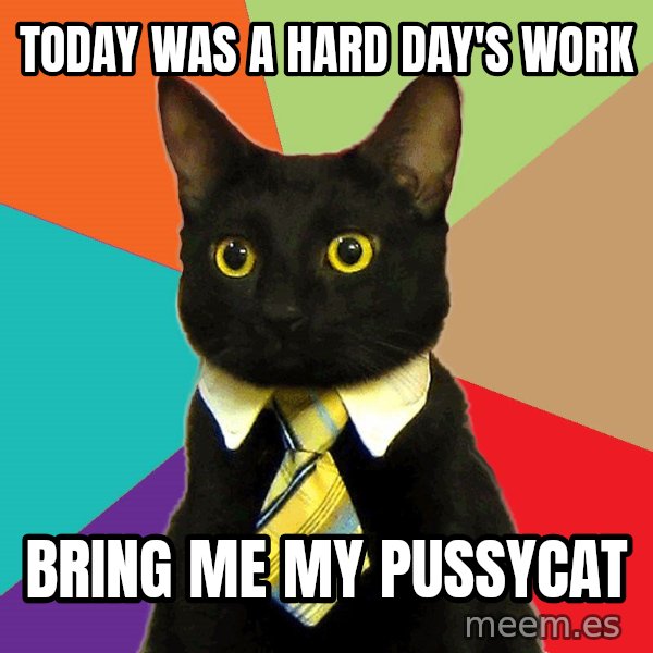Business Cat meme: Today was a hard day's work / Bring me my pussycat