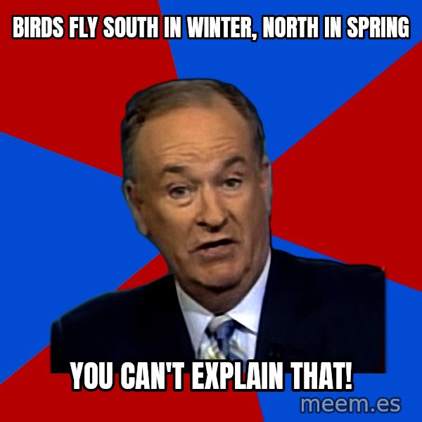 Bill O'Reilly Proves God meme: bIRDS fly SOUTH IN WINTER, NORTH IN SPRING / YOU CAN'T EXPLAIN THAT!