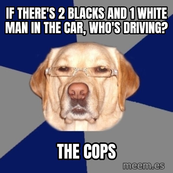 Racist Dog meme: If there's 2 blacks and 1 white man in the car, who's driving? / the cops