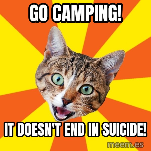 Bad Advice Cat meme: Go camping! / It doesn't end in suicide!
