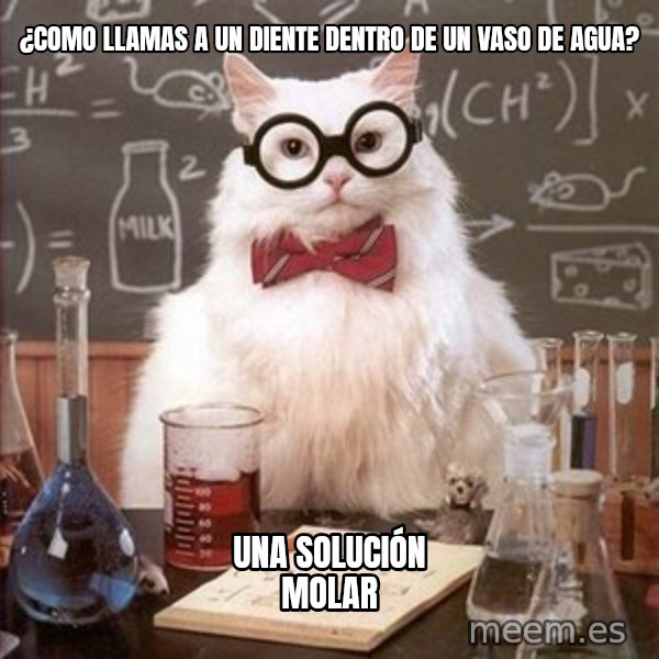 Chemistry Cat meme: ¿Como llamas a un diente dentro de un vaso de agua? / Una solución molar