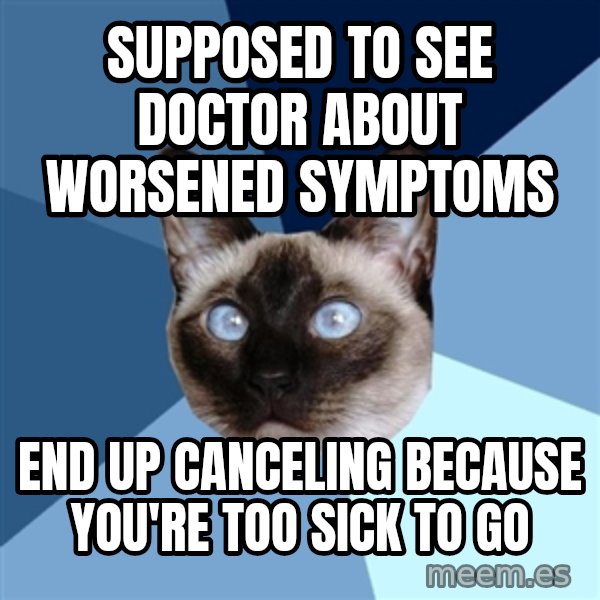 Chronic Illness Cat meme: supposed to see doctor about worsened symptoms / end up canceling because you're too sick to go