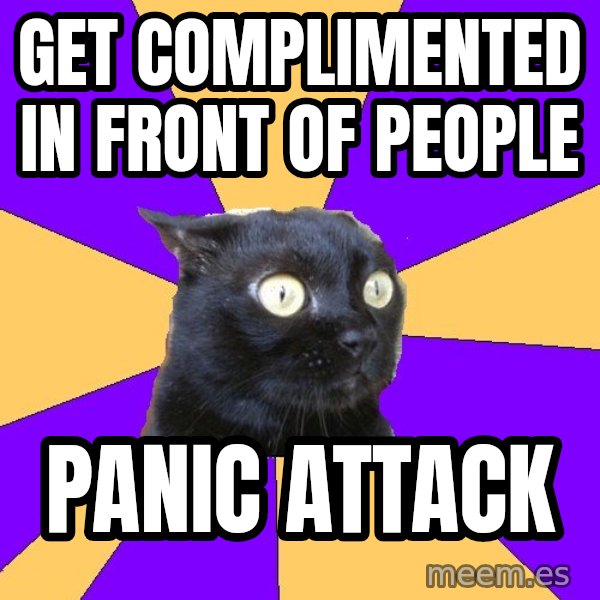 Anxiety Cat meme: get complimented in front of people / panic attack