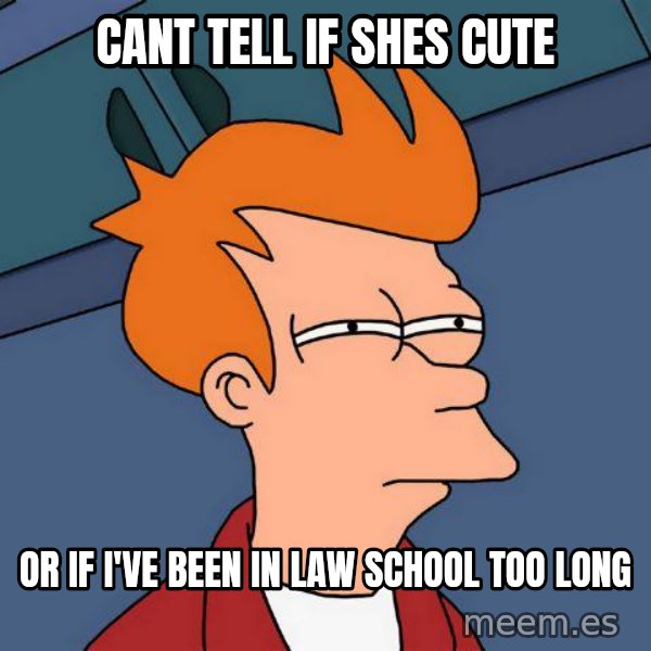 Futurama Fry meme: Cant tell if shes cute / Or if i've been in law school too long