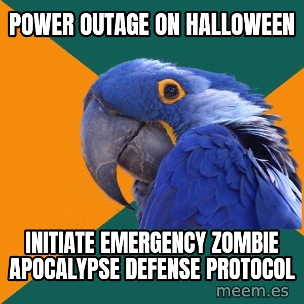 Paranoid Parrot meme: Power outage on halloween / initiate emergency zombie apocalypse defense protocol