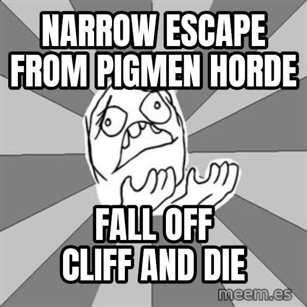 Whyyy??? meme: Narrow Escape from Pigmen horde / Fall off cliff and die