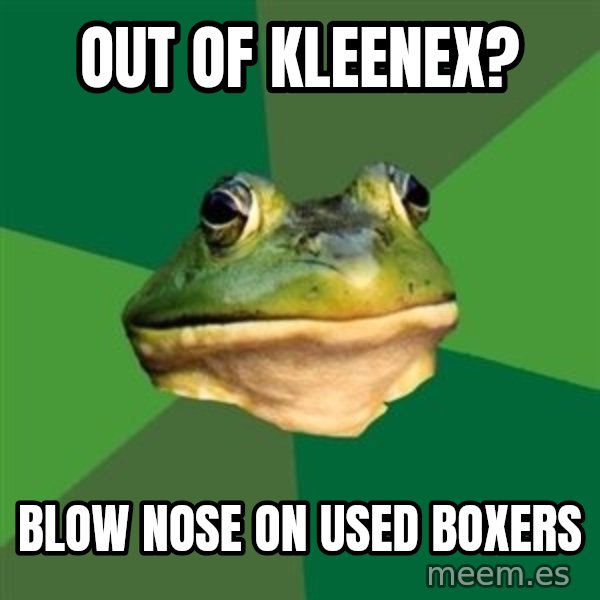 Foul Bachelor Frog meme: Out of Kleenex? / Blow nose on used boxers