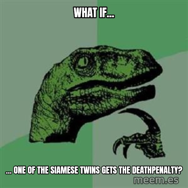 Philosoraptor meme: What if... / ... one of the siamese twins gets the deathpenalty?