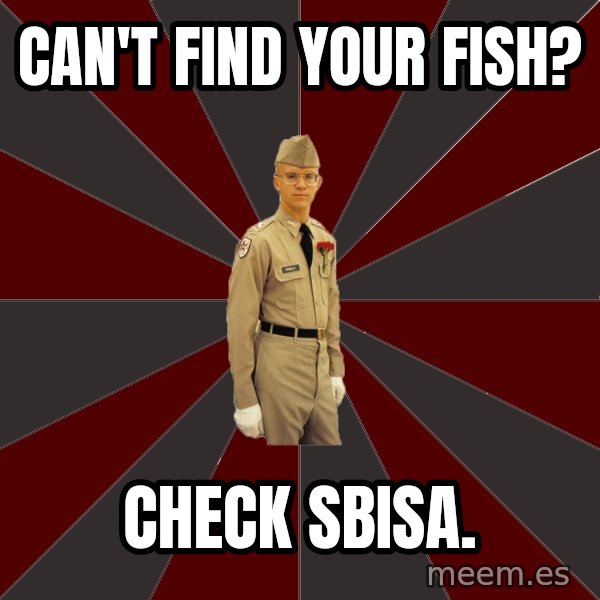 Stereotypical Corps Guy meme: Can't find your fish? / check sbisa.