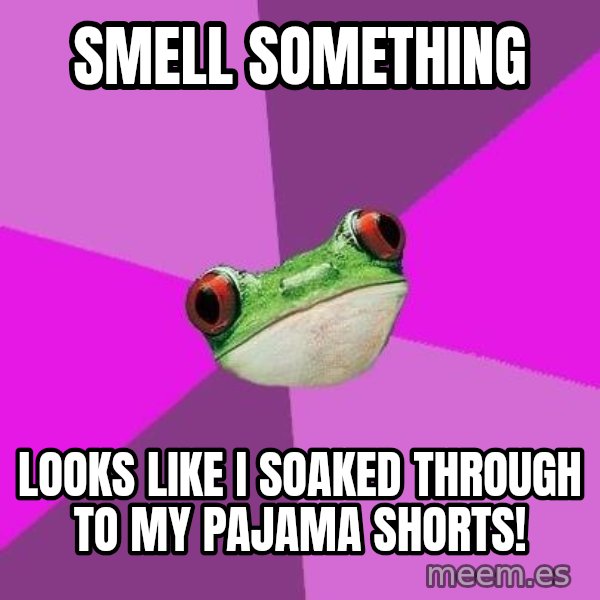 Foul Bachelorette Frog meme: Smell something / Looks like I soaked through to my pajama shorts!