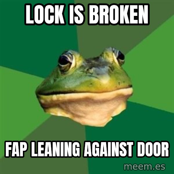 Foul Bachelor Frog meme: lock is broken / fap leaning against door