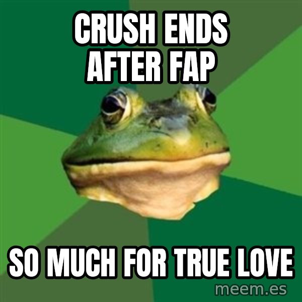 Foul Bachelor Frog meme: crush ends after fap / so much for true love