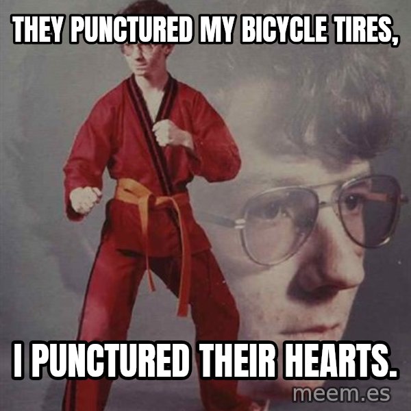 PTSD Karate Kyle meme: They punctured my bicycle tires, / I punctured their hearts.