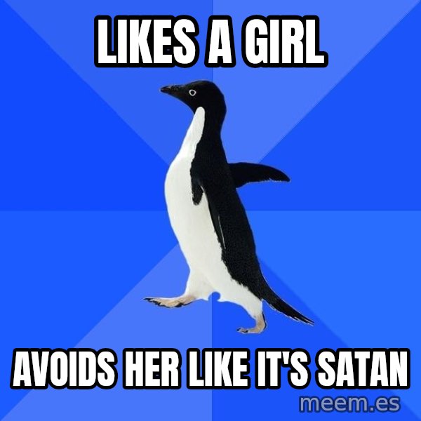 Socially Awkward Penguin meme: Likes a girl / avoids her like it's satan