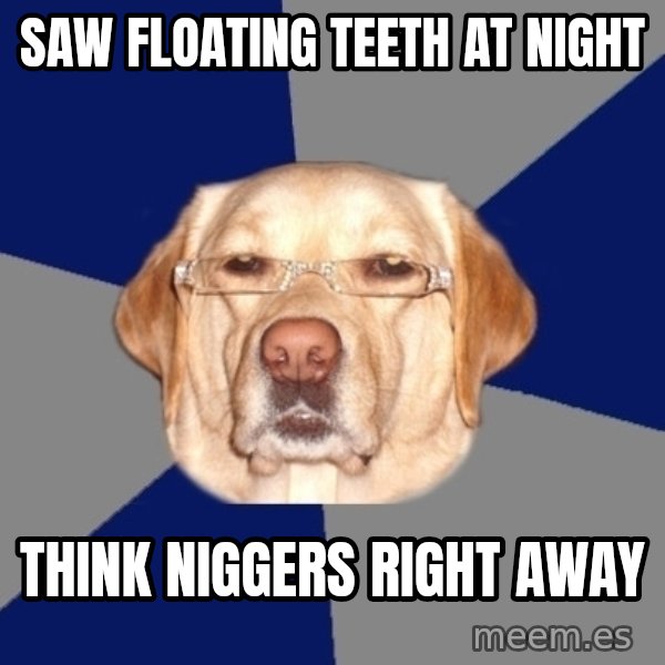 Racist Dog meme: saw floating teeth at night / think niggers right away
