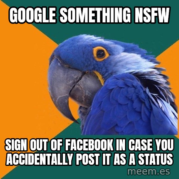 Paranoid Parrot meme: google something nsfw / sign out of facebook in case you ACCIDENTALLY post it as a status
