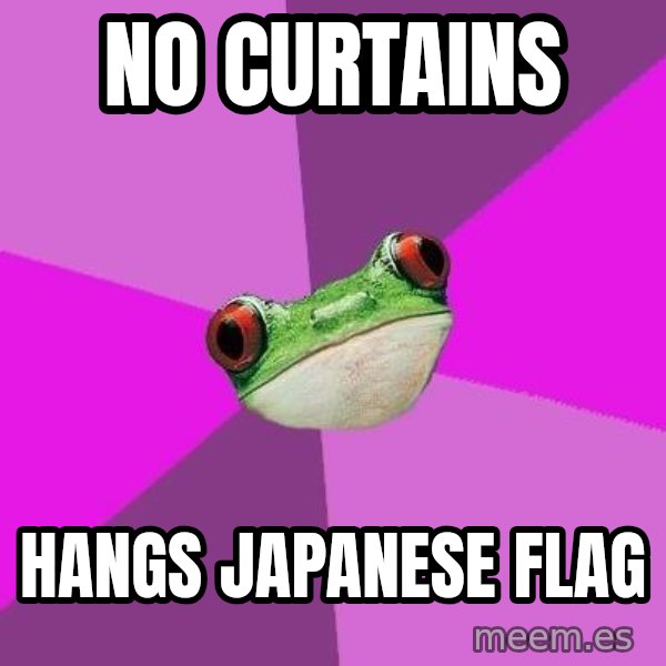 Foul Bachelorette Frog meme: No curtains / Hangs Japanese flag