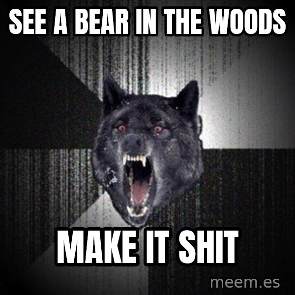 Insanity Wolf meme: see a bear in the woods / make it shit