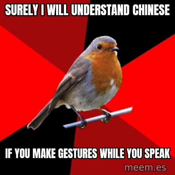 Retail Robin meme: surely I will understand chinese / if you make gestures while you speak