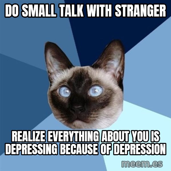 Chronic Illness Cat meme: Do small talk with stranger / rEALIZE EVERYTHING ABOUT YOU IS DEPRESSING BECAUSE OF DEPRESSION