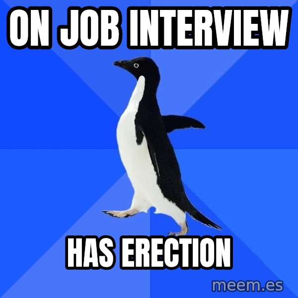 Socially Awkward Penguin meme: On JOB INTERVIEW / hAS ERECTION