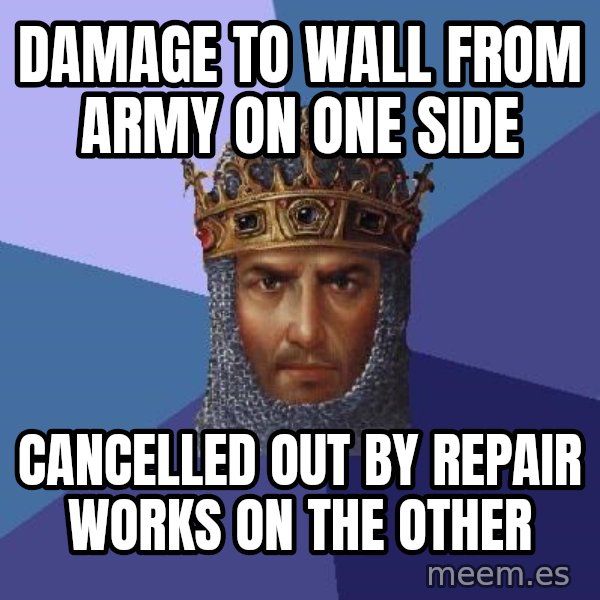 Age Of Empires meme: DAMAGE TO WALL FROM ARMY ON ONE SIDE / CANCELLED OUT BY REPAIR WORKS ON THE OTHER