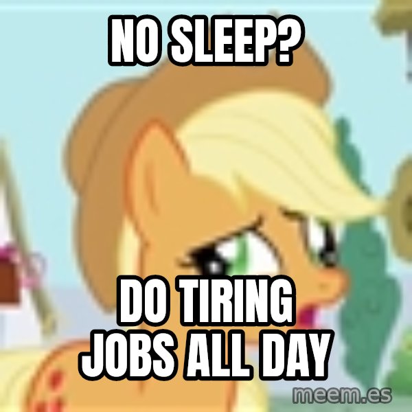 My Little Pony meme: No sleep? / do tiring jobs all day